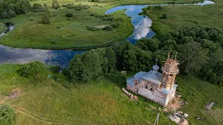 Волокобино на реке Люлех с высоты. Церковь 1696 года.  Ивановская область