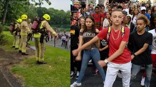 Firefighters Entertain Kids With 'Backpack Kid' Dance During Fire Drill