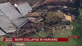 Crews search wreckage for animals after barn collapses in Harvard amid severe storms