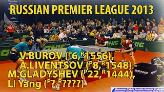 БУРОВ, ЛИВЕНЦОВ - ЛИ Янг, ГЛАДЫШЕВ RUSSIAN PREMIER LEAGUE 2013 настольный теннис table tennis