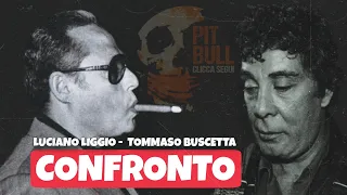 Il faccia a faccia a distanza dalla gabbia degli imputati. LUCIANO LIGGIO e TOMMASO BUSCETTA. (1986)