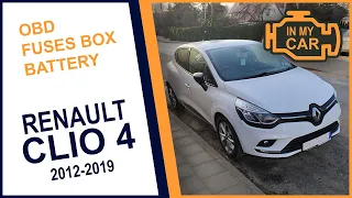 Where to find the diagnostic port OBD2, fuses box and battery in RENAULT CLIO 4  [2012-2019]