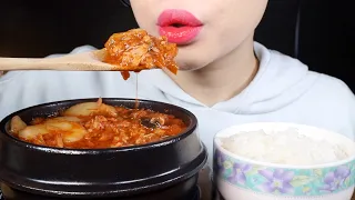 ASMR Tuna Kimchi Jjigae with Rice Cakes and Rice | Korean Stew | Eating Sounds Mukbang
