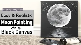 How To Paint The Moon Realistically For Beginners | Black Canvas Painting with Black & White Paint