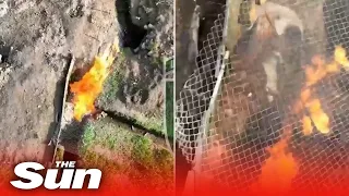 Ukrainian drone sets entire Russian tench on FIRE with one explosive