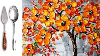 Challenge #11 Paint a Red tree flowers Acrylic Painting  with A SPOON