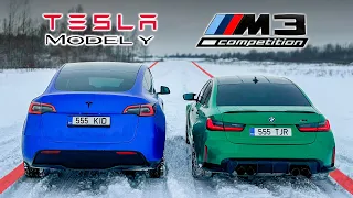 Tesla Model Y vs BMW M3 xDrive - Winter DRAG RACE