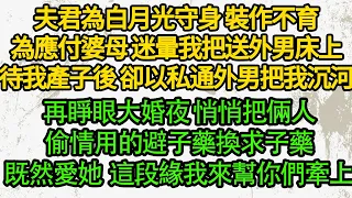 夫君為白月光守身 裝作不育，為應付婆母 迷暈我把送外男床上，待我產子後 卻以私通外男把我沉河，再睜眼大婚夜 悄悄把倆人偷情用的避子藥換求子藥，既然如此愛她 這段緣我來幫你們牽上