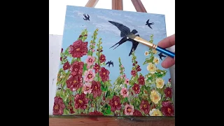 Картина маслом "Мальвы и ласточки"/ Oil painting "Mallow and swallows" step by step
