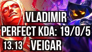 VLADIMIR vs VEIGAR (MID) | 19/0/5, Legendary, 1.7M mastery, 300+ games | EUW Master | 13.13