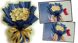 How to make Easy Rolled Money Bouquet with blue gold lining wrapper