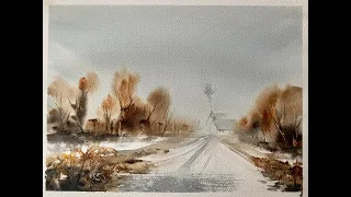 Simple BEGINNERS MISTY LANE Loose Watercolor Landscape, 4 COLORS watercolour painting tutorial demo,