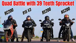 KTM RC200 with 39 teeth Sprocket vs RS200 BS7 vs Yamaha R15m vs NS200 Drag Race