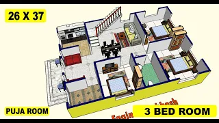 26 x 37 house plan design II 26 x 37 ghar ka naksha II 3 bhk house plan design