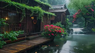 Serene Rainfall in Japanese Garden🍀Relaxing Rain Sounds and Piano Music for Sleep and Stress Relief