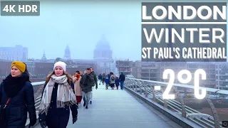 Freezing Winter London Walking Tour to St Paul's Cathedral 🎄| 4K HDR