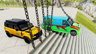 Crazy Vehicle Stairs Jumps Down With Vertical Giant Chain #2 - BeamNG drive Down Stairs Chain Jumps