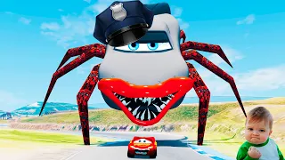 Giant Lightning McQueen Spider Monster VS Lightning McQueen | LIVE | Car Ride Beamng Drive 102