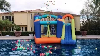 THROWING GIANT BOUNCY HOUSE IN THE POOL!!! **DON'T ATTEMPT**