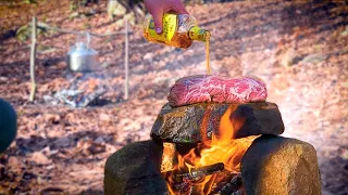 🔥 Nobody cooks a steak like this. Steak in the forest. Steak on hot stone.