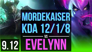 MORDEKAISER vs EVELYNN (JUNGLE) | KDA 12/1/8, 8 solo kills, Legendary | Korea Diamond | v9.12