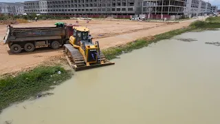 Full Process! New Landfill with Operator Bulldozer, Dump Truck Working Push, Moving Stone into Water