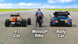 F1 Car vs MotoGP Bike vs Rally Car: Ultimate Drag Race!