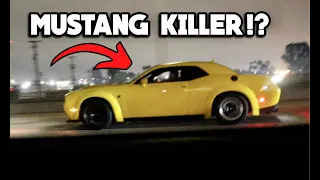 E85 10 Speed Mustang GT vs Widebody Challenger Hellcat!