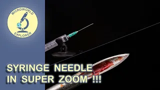 Syringe Needle with Blood under the Microscope. Unseen World in SUPER ZOOM!