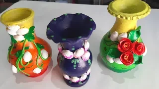 Make Flower pot using clay and shells || clay and shells flowers pot making ideas