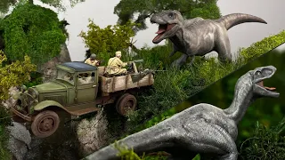 HUGE T.Rex chases Truck Diorama 1:35 - Realistic Epoxy Resin Waterfall