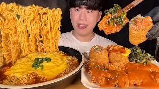 SUB) Korean spicy cheese ramyun, pork cutlet, giant tofu sushi mukbang