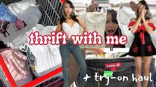 THRIFT WITH ME @ 7 AM + try on haul (at home this time 🫣)!! Corsets, y2k, & more! 💗