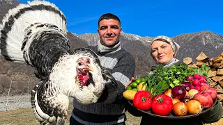 A very delicious Kebab of Fresh Turkey on a Campfire! Life in a mountain village