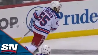 Rangers' Ryan Lindgren Flips In A Tricky Shot In Close Quarters vs. Devils