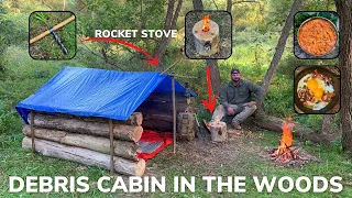 Solo Overnight Building a DIY Debris Cabin in The Woods and Skillet Lasagna