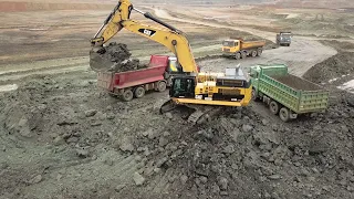 Caterpillar 374D Excavator Loading Mercedes & MAN Trucks (Drone Footage) Interkat SA