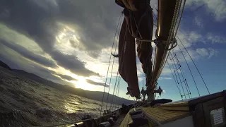 Sweet sailing with jib and reefed staysail only.
