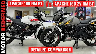 Finally TVS Apache RTR 160 2V RM BT Vs Apache RTR 180 RM Detailed Comparison | Motor Redefined.