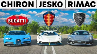 Forza Horizon 4 | Bugatti Chiron vs Koenigsegg Jesko vs Rimac Concept Two | HYPERCAR BATTLE!