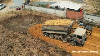 Expert Road Build Foundation By Extreme Dump Truck Unloading Soil And Komatsu Dozer Pushing Soil