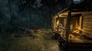 Forest hut with heavy rain and thunder | Deep sleep with the sound of rain