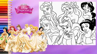 Coloring Disney Princess Together Aurora Cinderella Jasmine Belle Snow White Ariel - Coloring Book