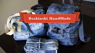 Handmade denim bags, cosmetic purse and pockets from old jeans new technique