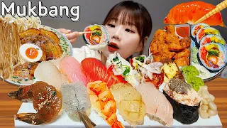 Sub)Real Mukbang- Sushi 🍣 Tonkotsu Ramen 🍜 Futomaki 🍙 Chicken, Beer 🍻 ASMR Japanese Food