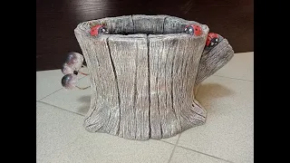 Как сделать горшок- пенек с грибами из цемента своими руками. DIY cement stump pot