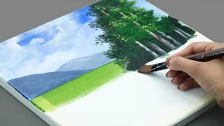 Easy Art / how to draw lake landscape by flower garden / Acrylic painting for beginners