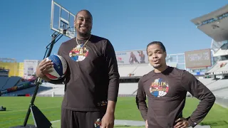 Incredible 400-foot basketball shot with the Harlem Globetrotters