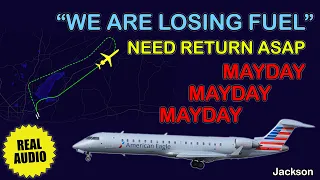 MAYDAY. Aircraft is losing fuel in flight. PSA Airlines CRJ-700. Jackson Airport. Real ATC