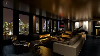 HD Penthouse Apartment Fireplace Screensaver - City Lights at Night - Modern - Fire crackling - 2hrs